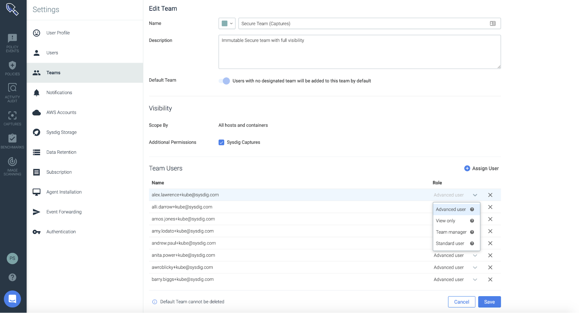 Teams settings in Sysdig Secure
