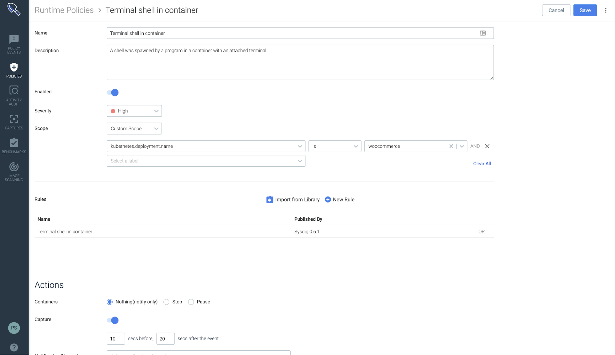 A runtime policy in Sysdig Secure