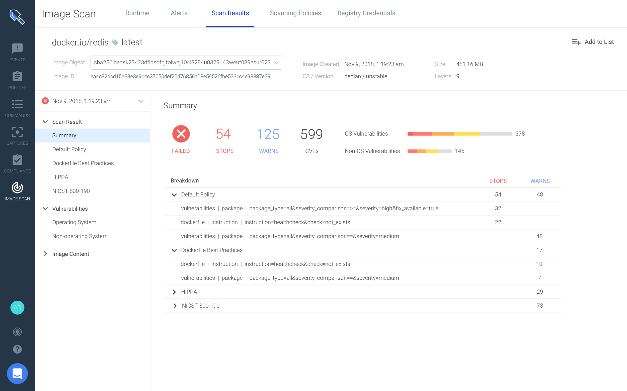 Sysdig Secure 2.4: Image scan results