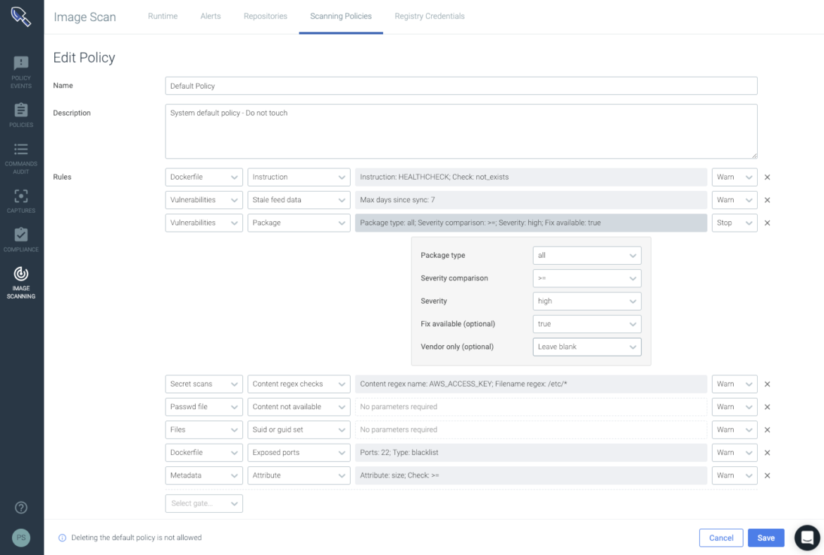 Anchore and Sysdig Secure scanning policies 2