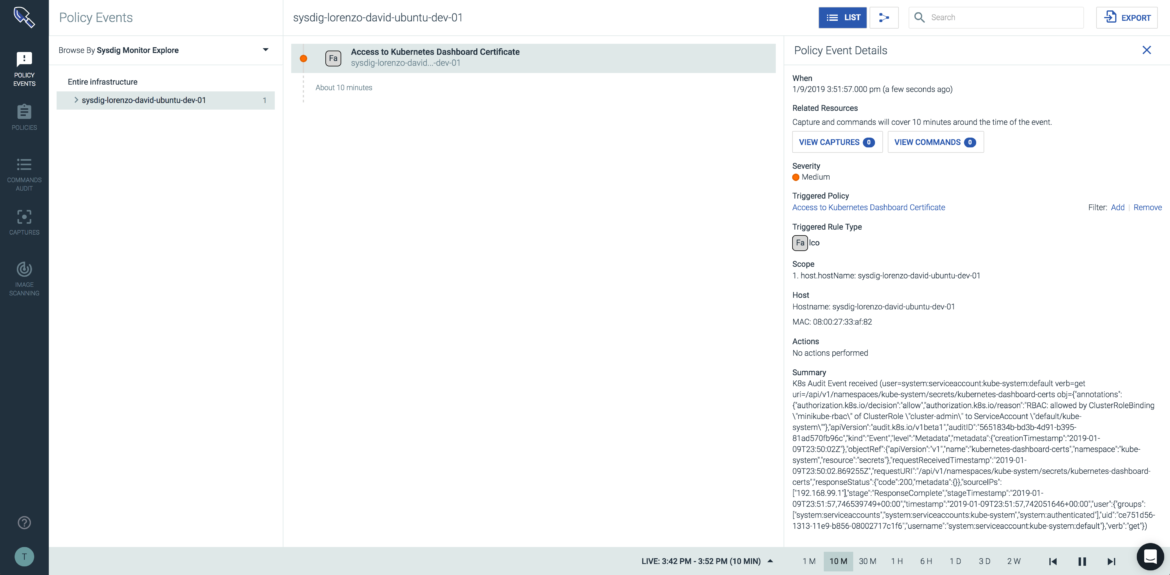 Privilege escalation alert on Sysdig Secure