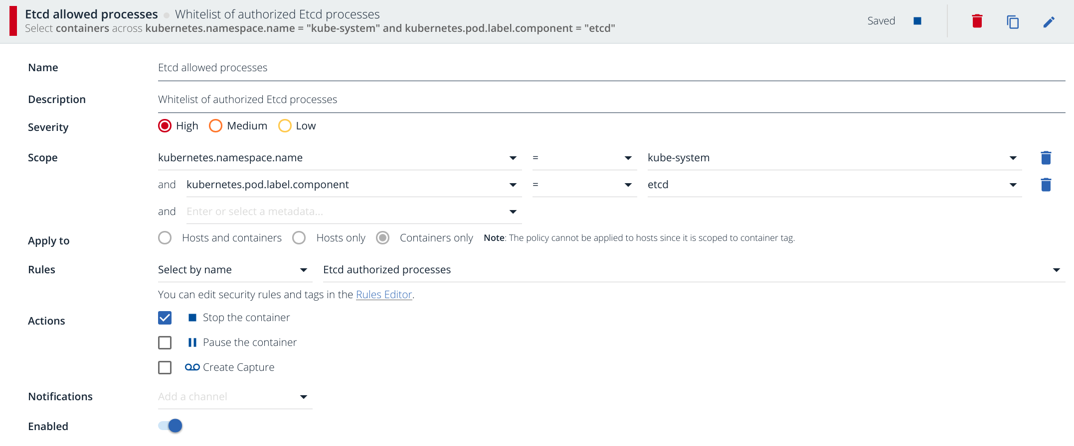 Sysdig Secure Kube-system security rule