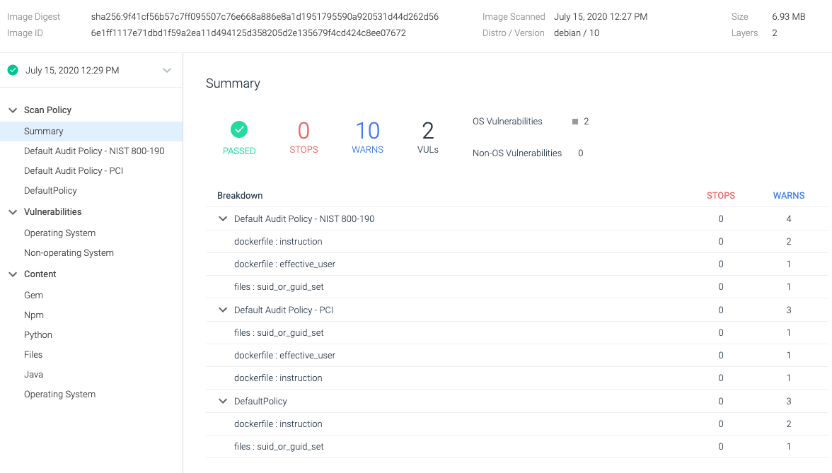 Scan results of an image based on a distroless base image. The image size is only 7 megabytes and there are only 10 warnings and 2 vulnerabilities.