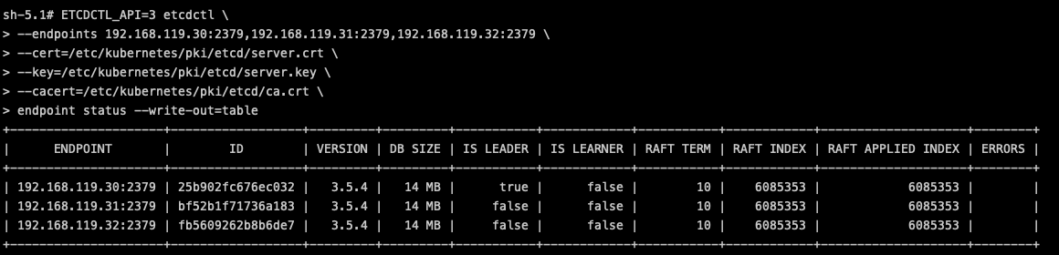 With etcdctl tool you can easily check the etcd enpoints status.