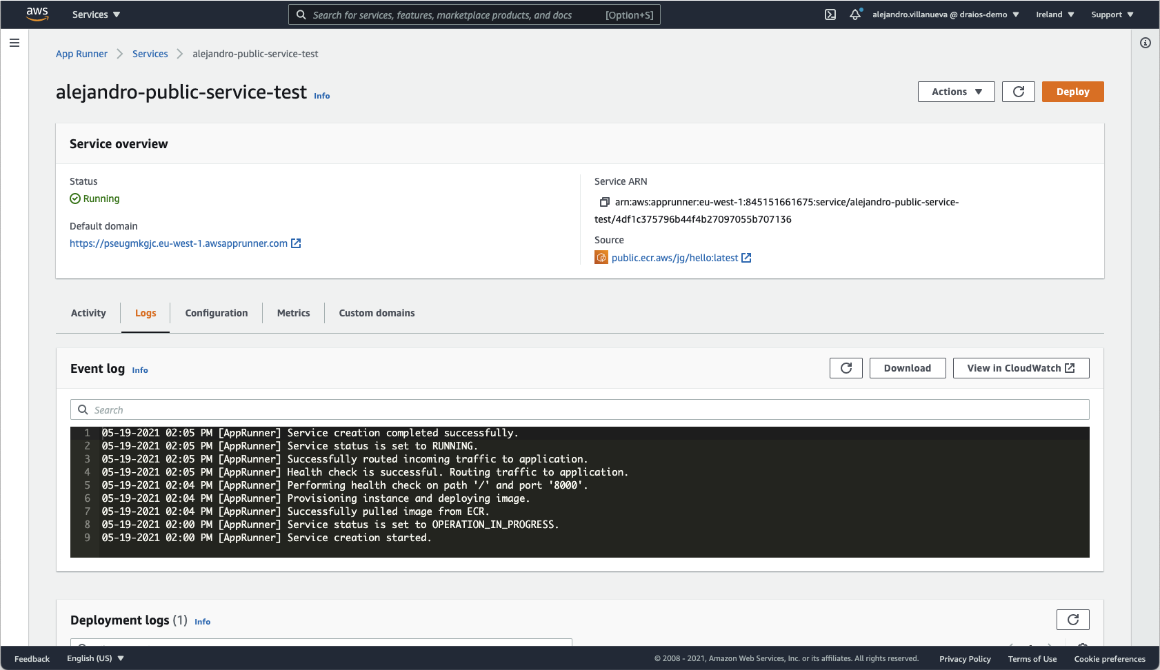 AWS App Runner console