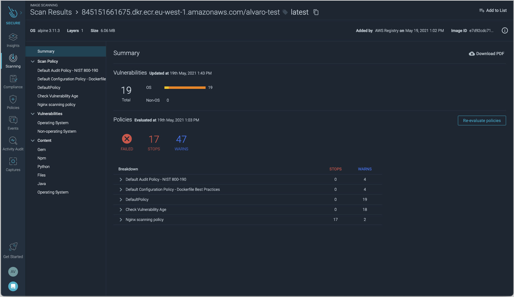 AWS App Runner scan results in Sysdig Secure