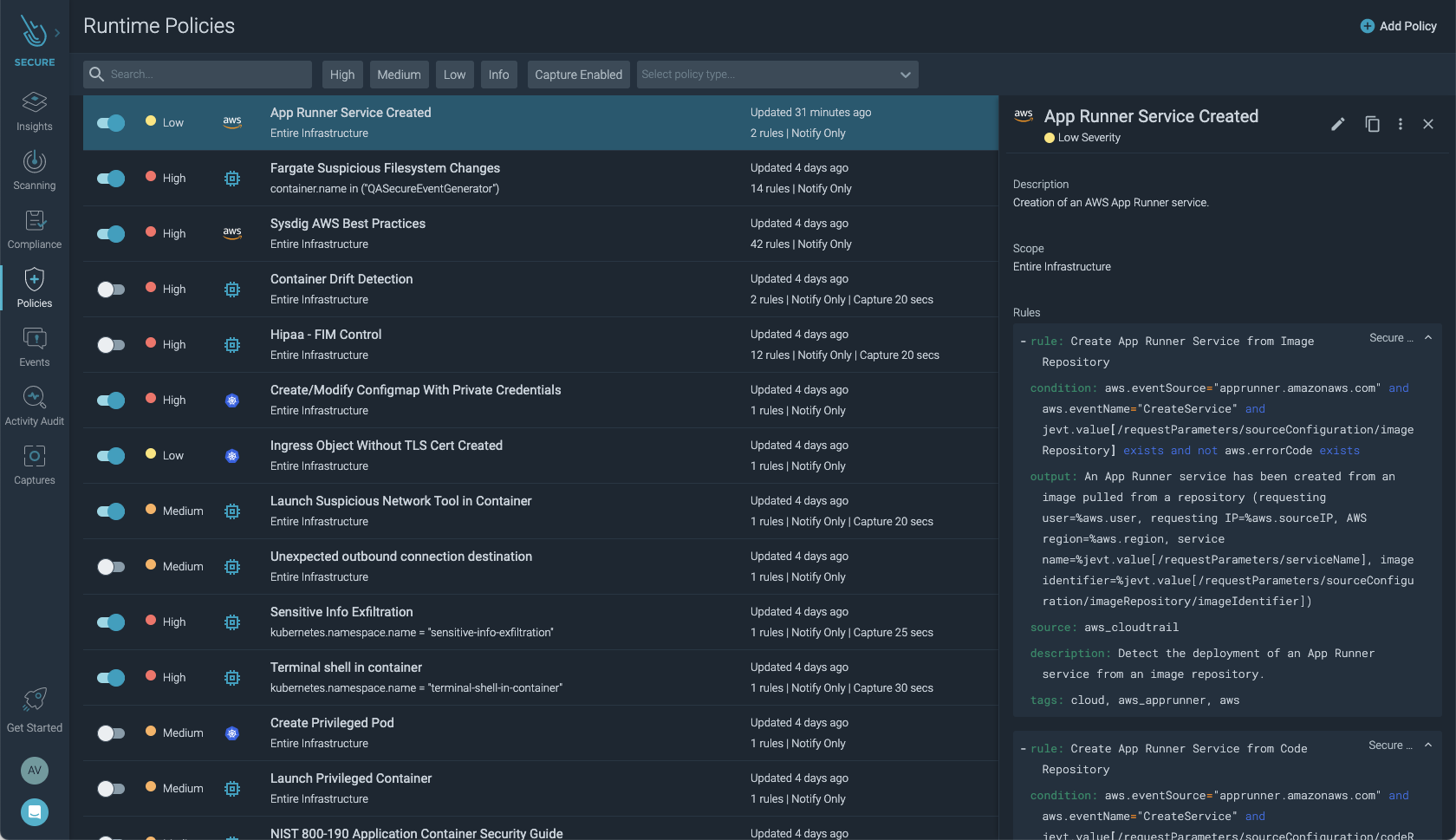 AWS App Runner runtime policies in Sysdig Secure