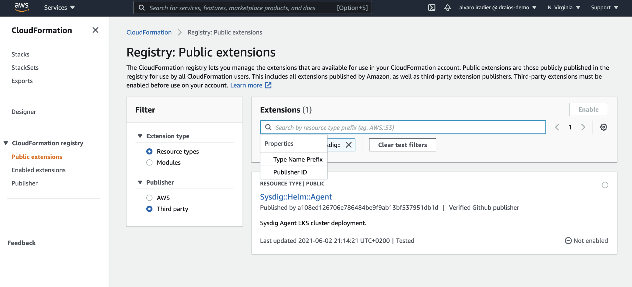 Sysdig extension in the CloudFormation registry