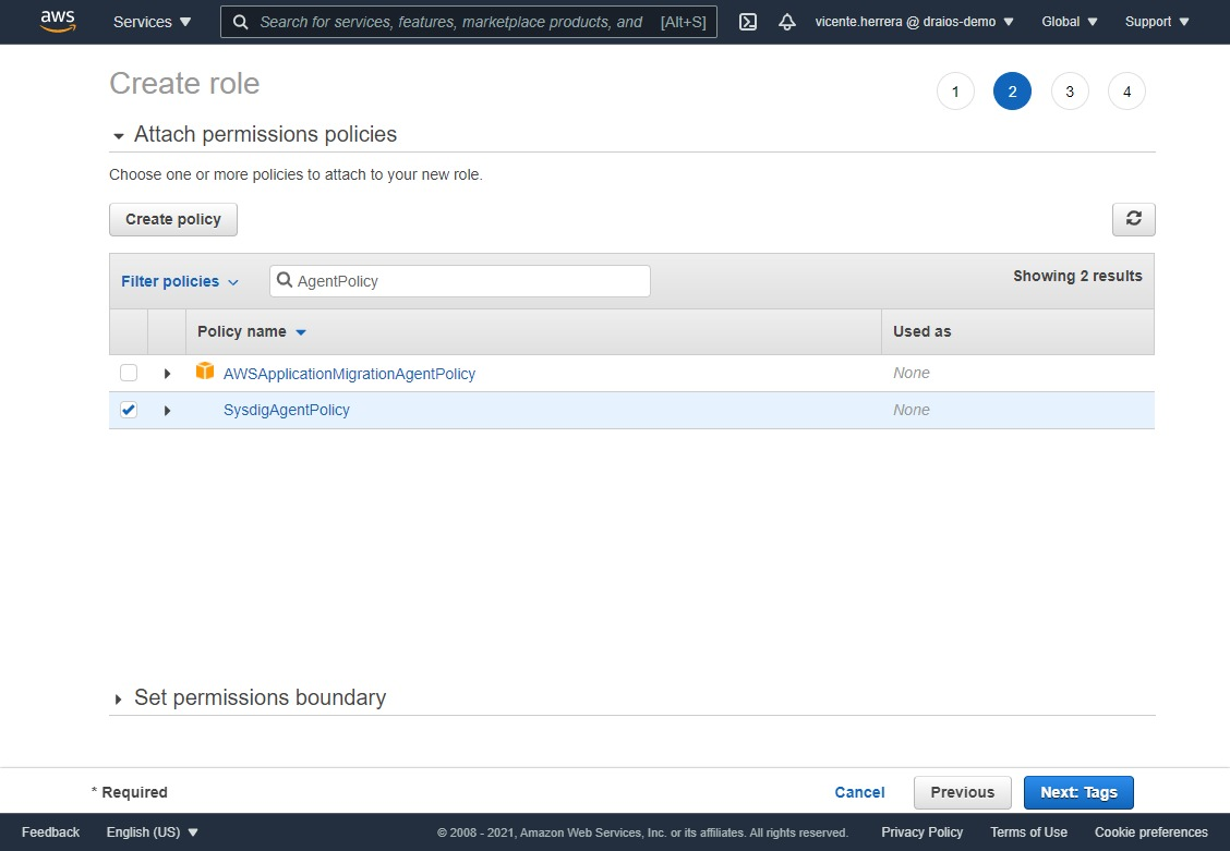 Create AWS role permissions