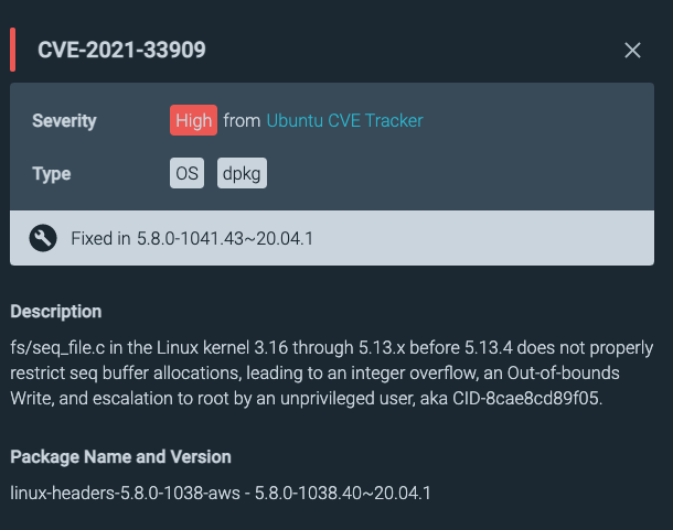 Sysdig secure providing information about CVE-2021-33909