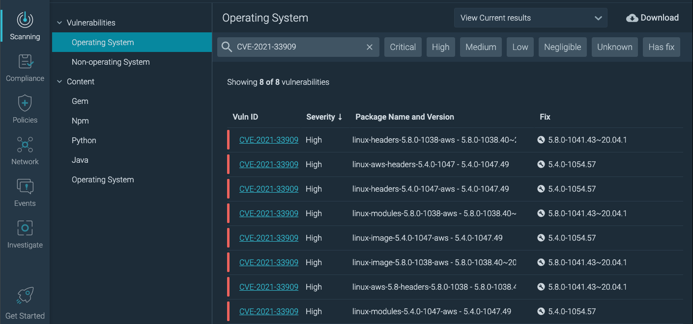 Sysdig secure detecting hosts affected by CVE-2021-33909