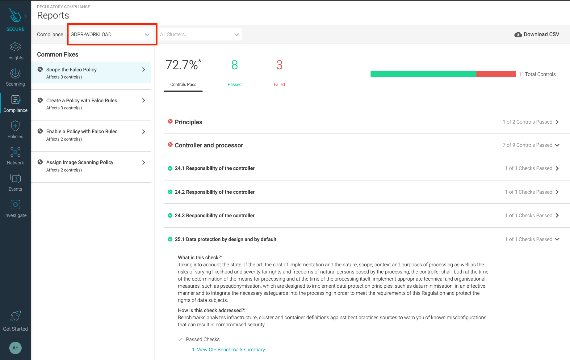 GDPR AWS compliance reports for workloads in Sysdig Secure.