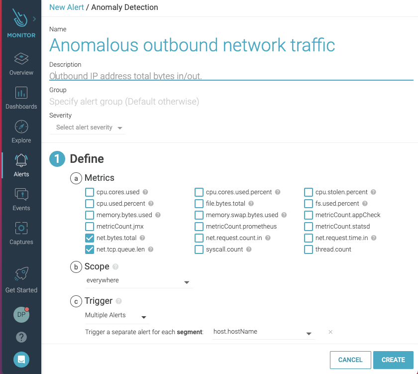 Creating an alert to detect anomalous network traffic