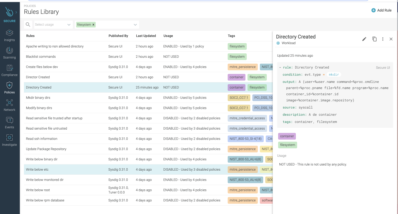 Rules library in Sysdig Secure
