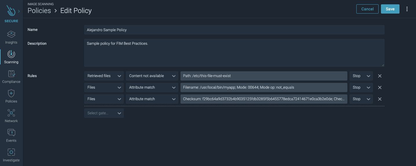 File integrity monitoring best practices with Sysdig Secure. An image scanning policy checking existence of files, permissions and checksum.