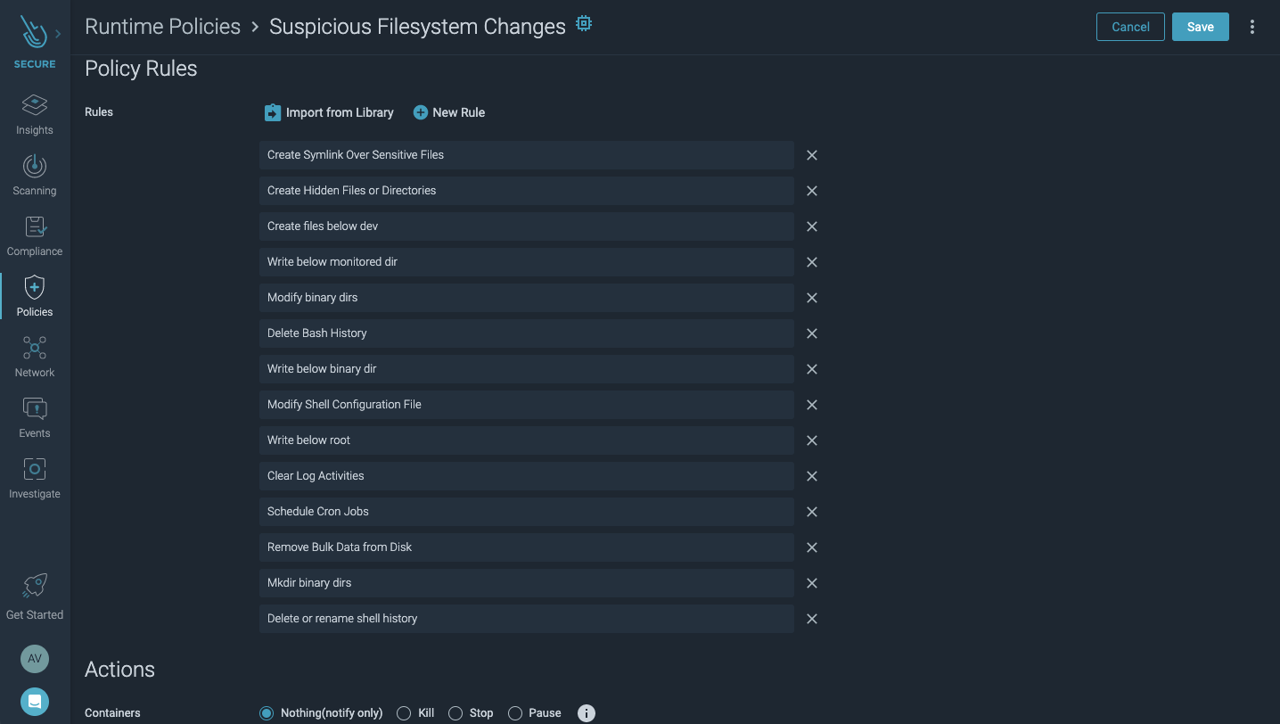 The suspicious file changes runtime policy inside Sysdig Secure.