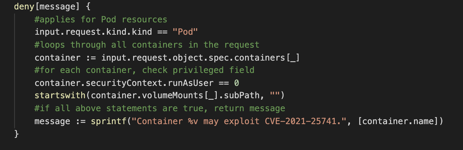 OPA policy to block deploys of containers with root permissions and SubPath spec.