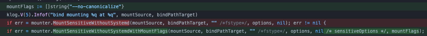 Screenshot of the kubelet code showing how MountSensitiveWithoutSystemd was being used instead of MountSensitiveWithoutSystemdWithMountFlags