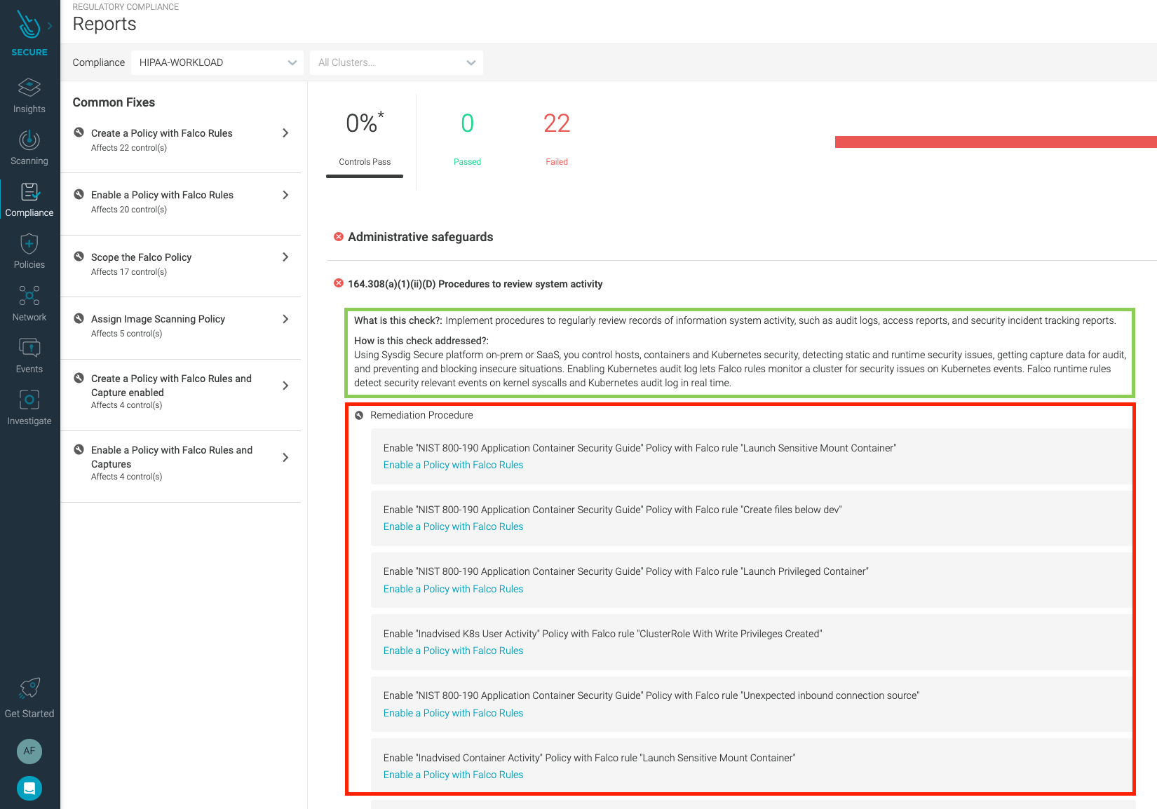 Sysdig Secure detailed screenshoot showing control 164.308(a)(1)(ii)(D) Procedures to review system activity