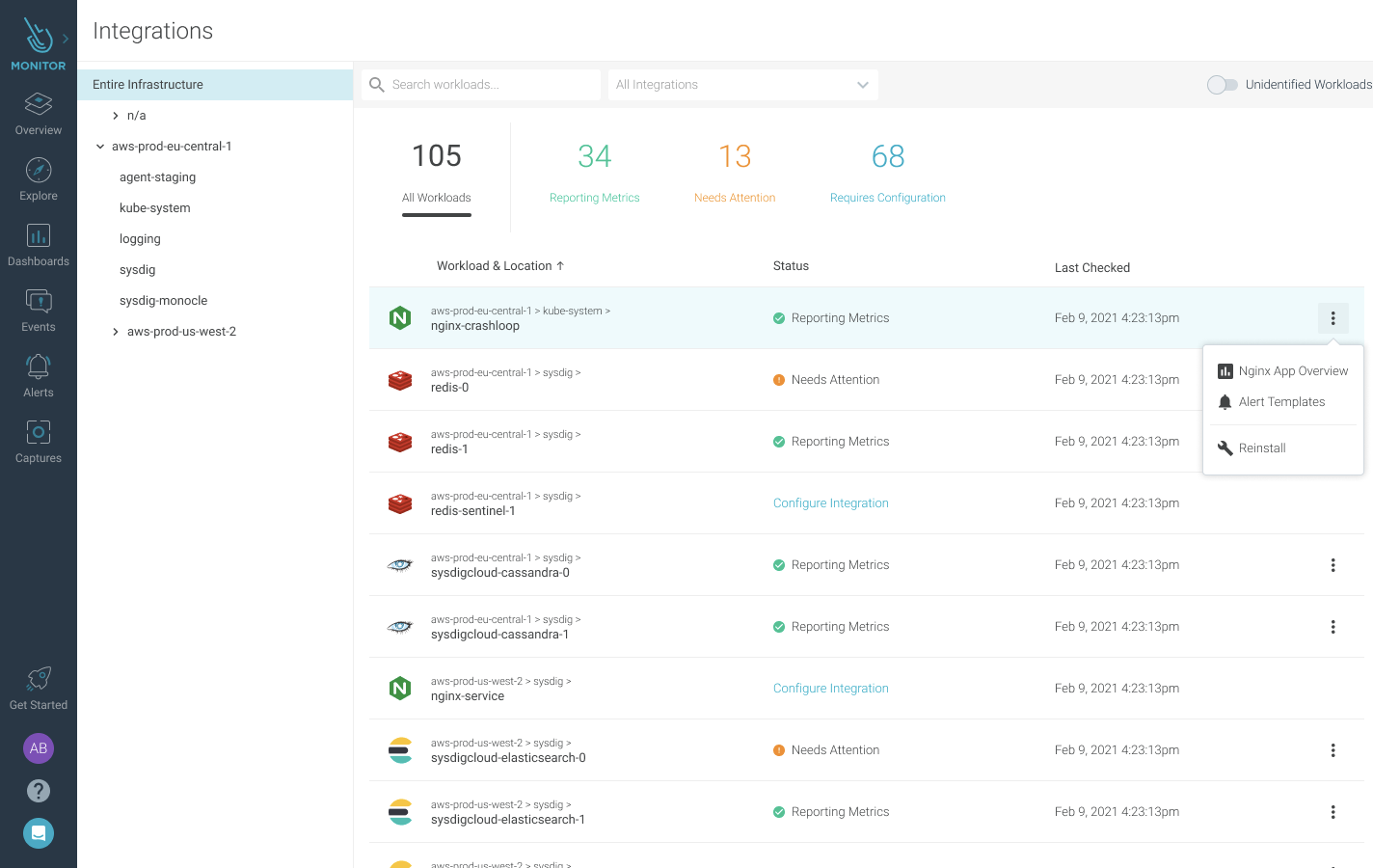 Integrations view inside Sysdig Monitor