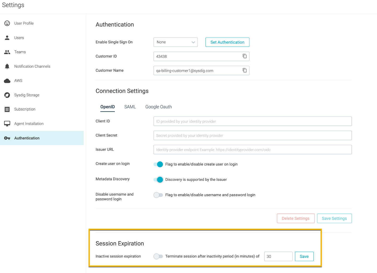 The session expiration option is inside the Authentication panel in the Sysdig settings