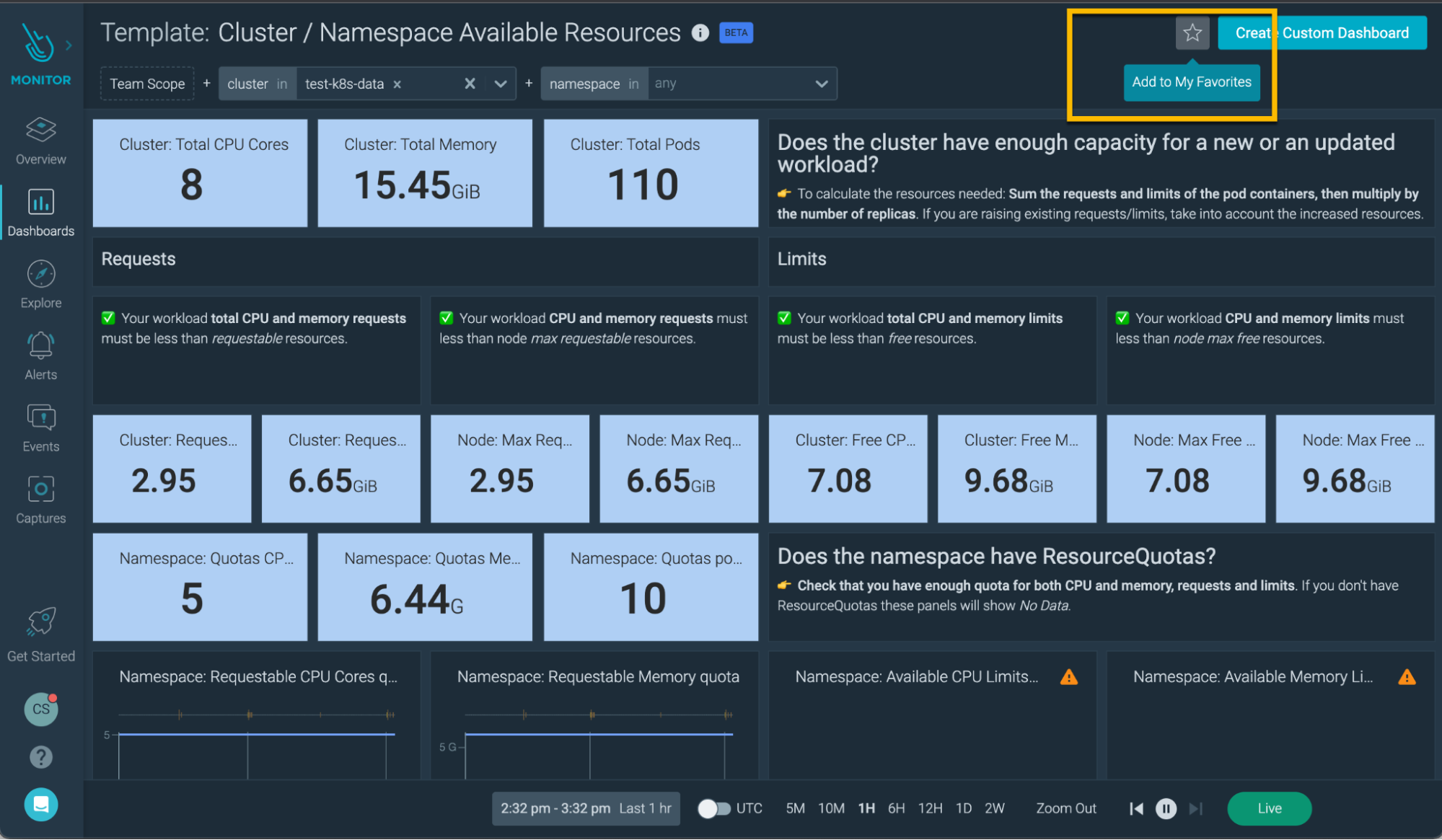 Highlight of the "Add to favorites" button in the Sysdig Monitor UI