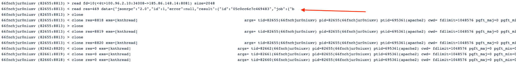 Traces miner communicating to the pool