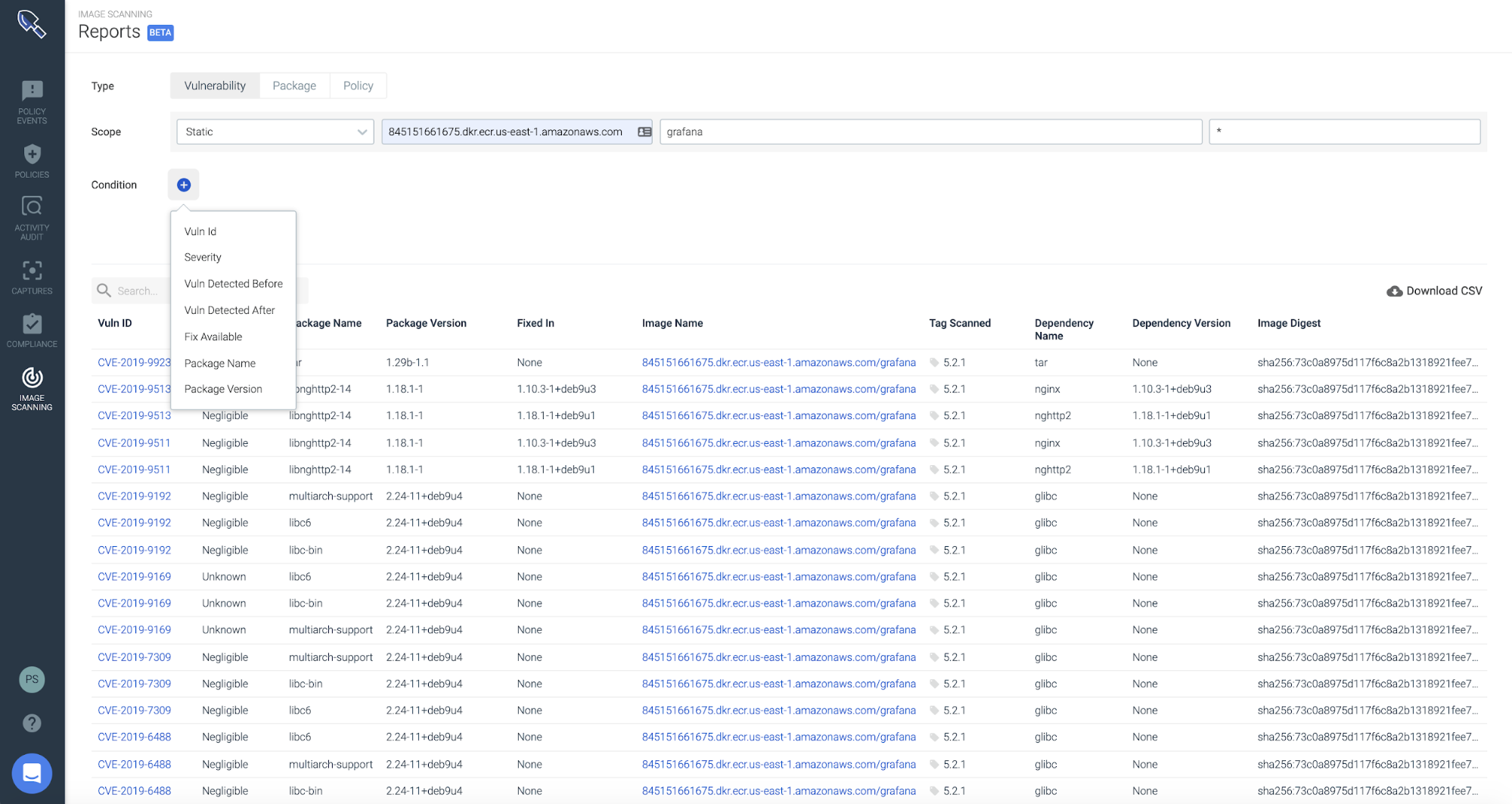 Report list Sysdig Secure