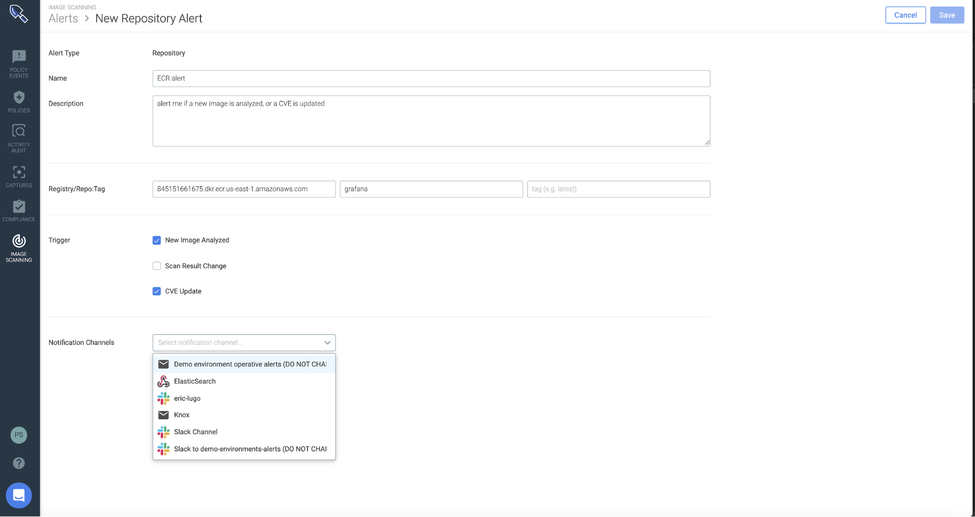 Create repository alert Sysdig Secure