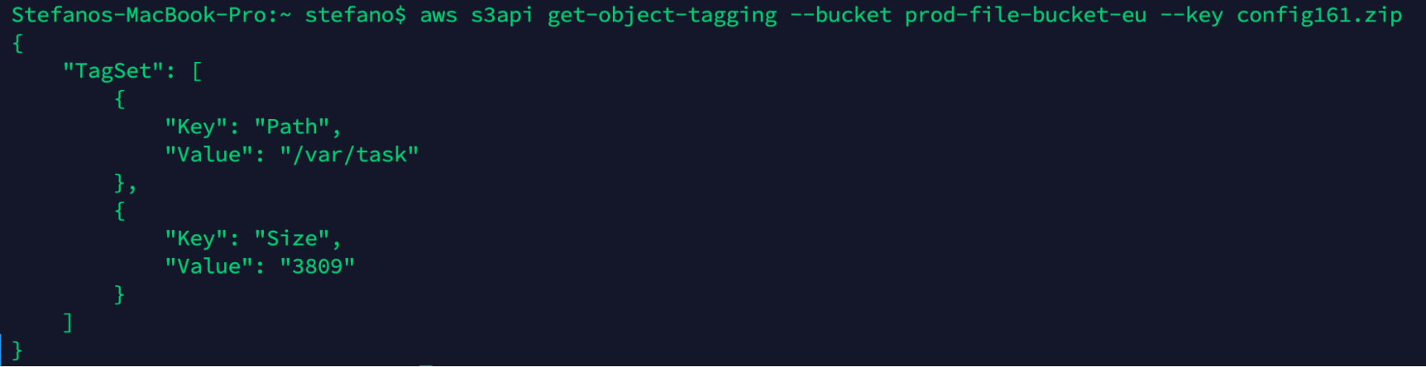 information returned by get-tags from an S3 file upload