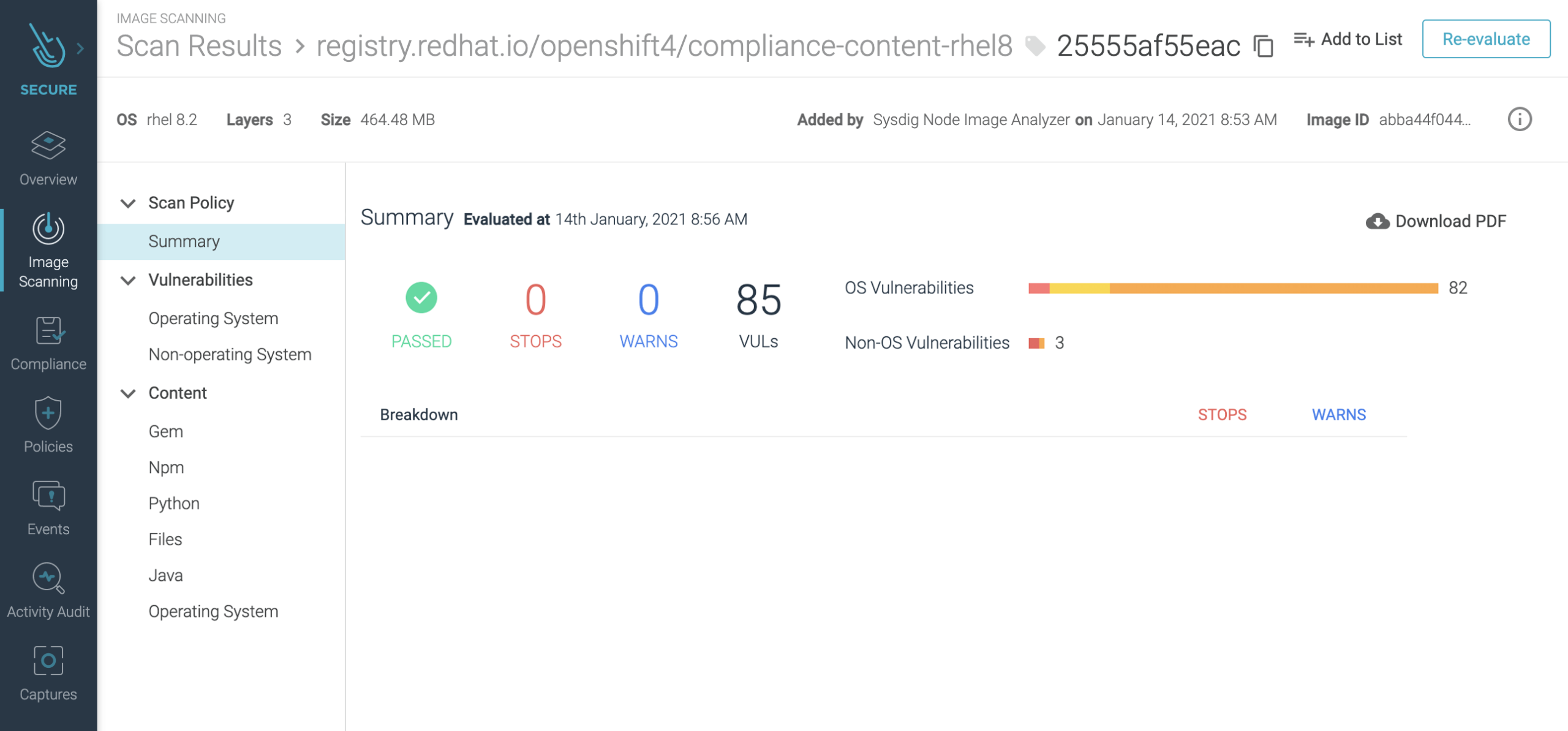 image scan results for red hat registry