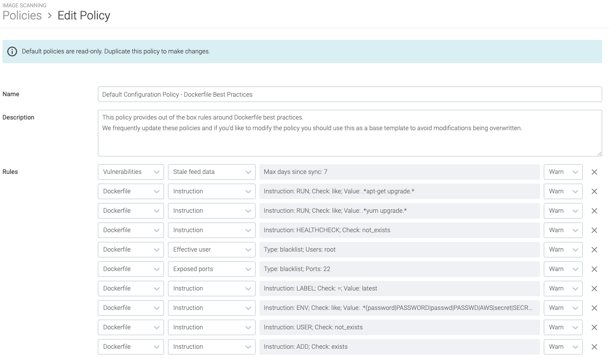 Image scanning policies in Sysdig Secure. You can create gates to check for misconfigurations in the Dockerfile.