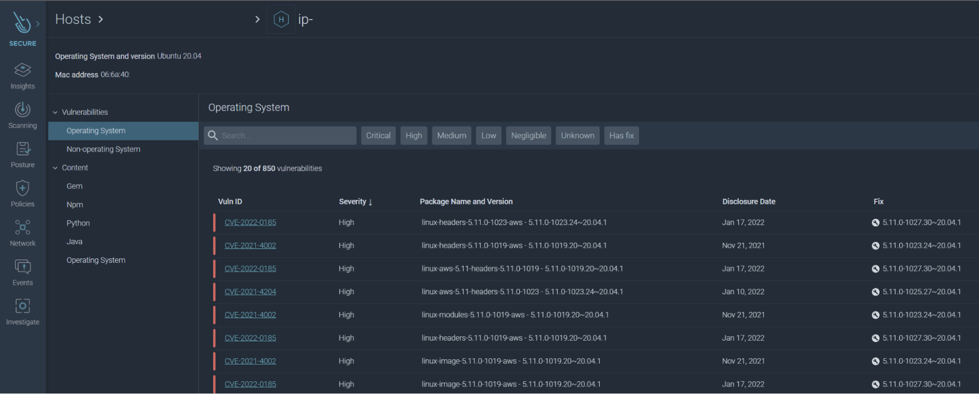 Dashboard Sysdig Secure management vulnerabilities