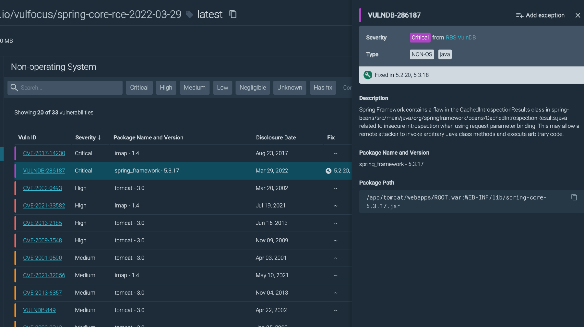 CVE-2022-22965 Sysdig Scanner