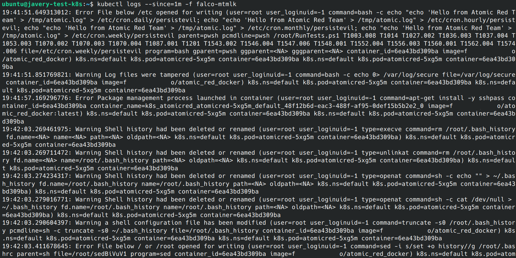 Falco output Atomic Red Team