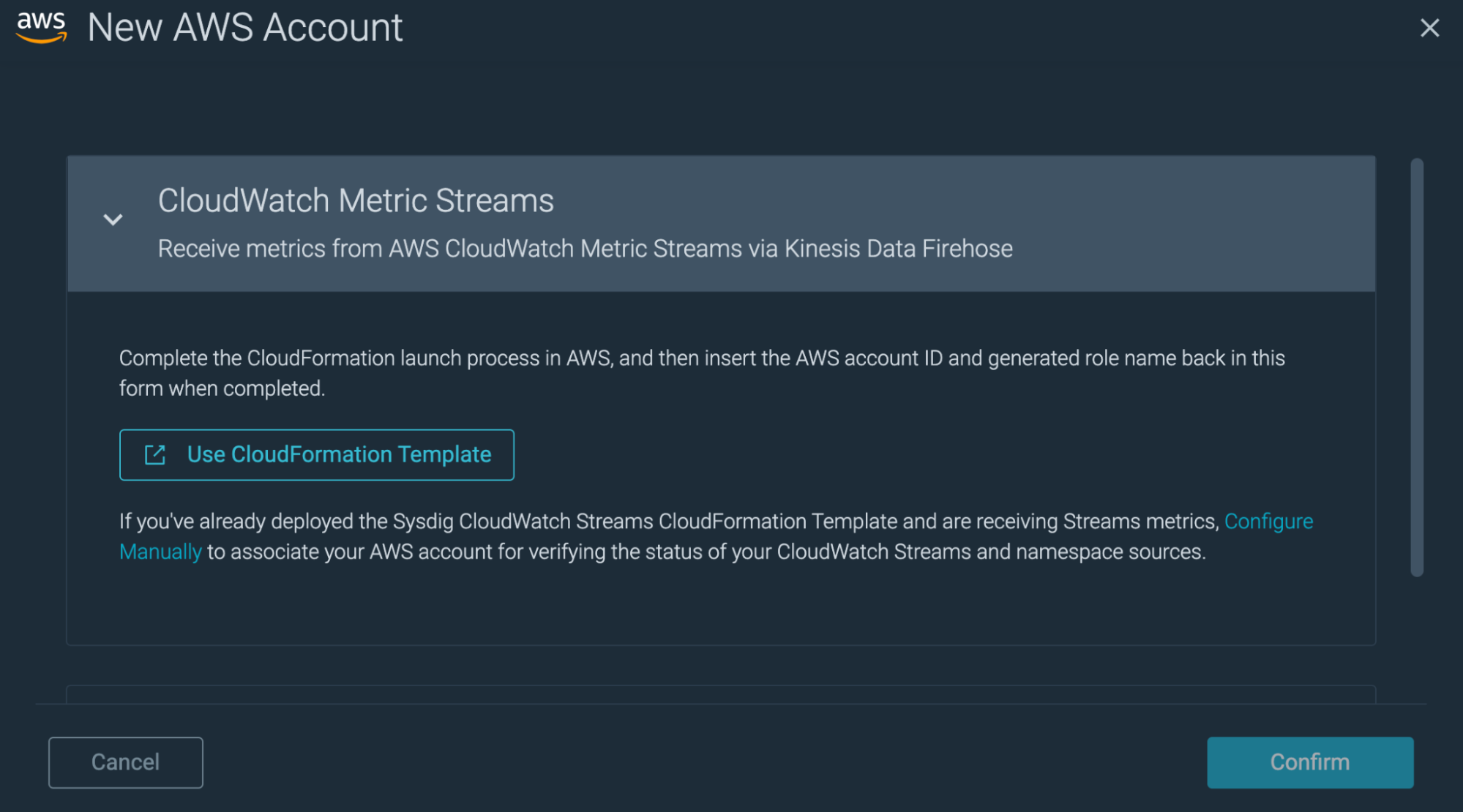 Connecting a new AWS account to Sysdig Monitor. Using cloudFormation template.