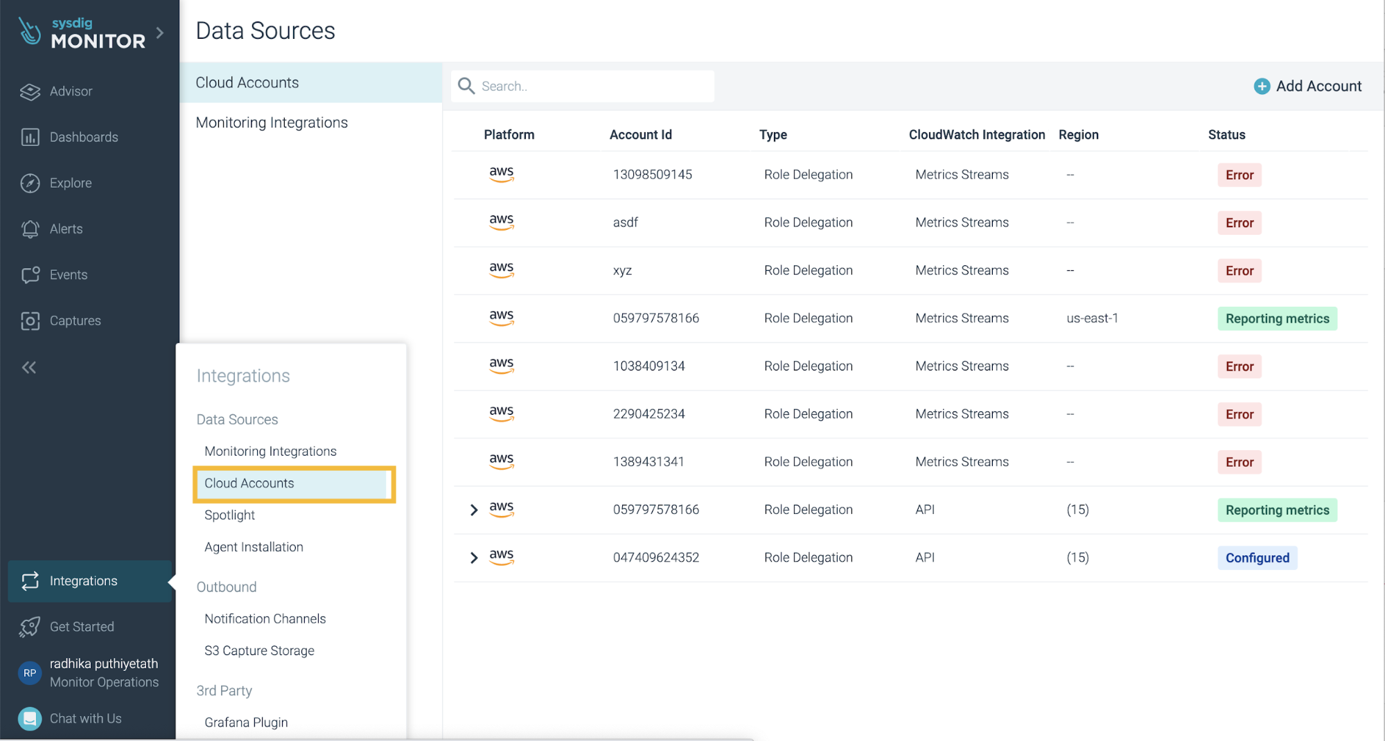 Connecting cloud accounts in Sysdig Monitor. Go to "Integrations" then in "Data Sources" navigate to "Cloud Accounts". A list of your accounts appear, with a detail of the connection status.