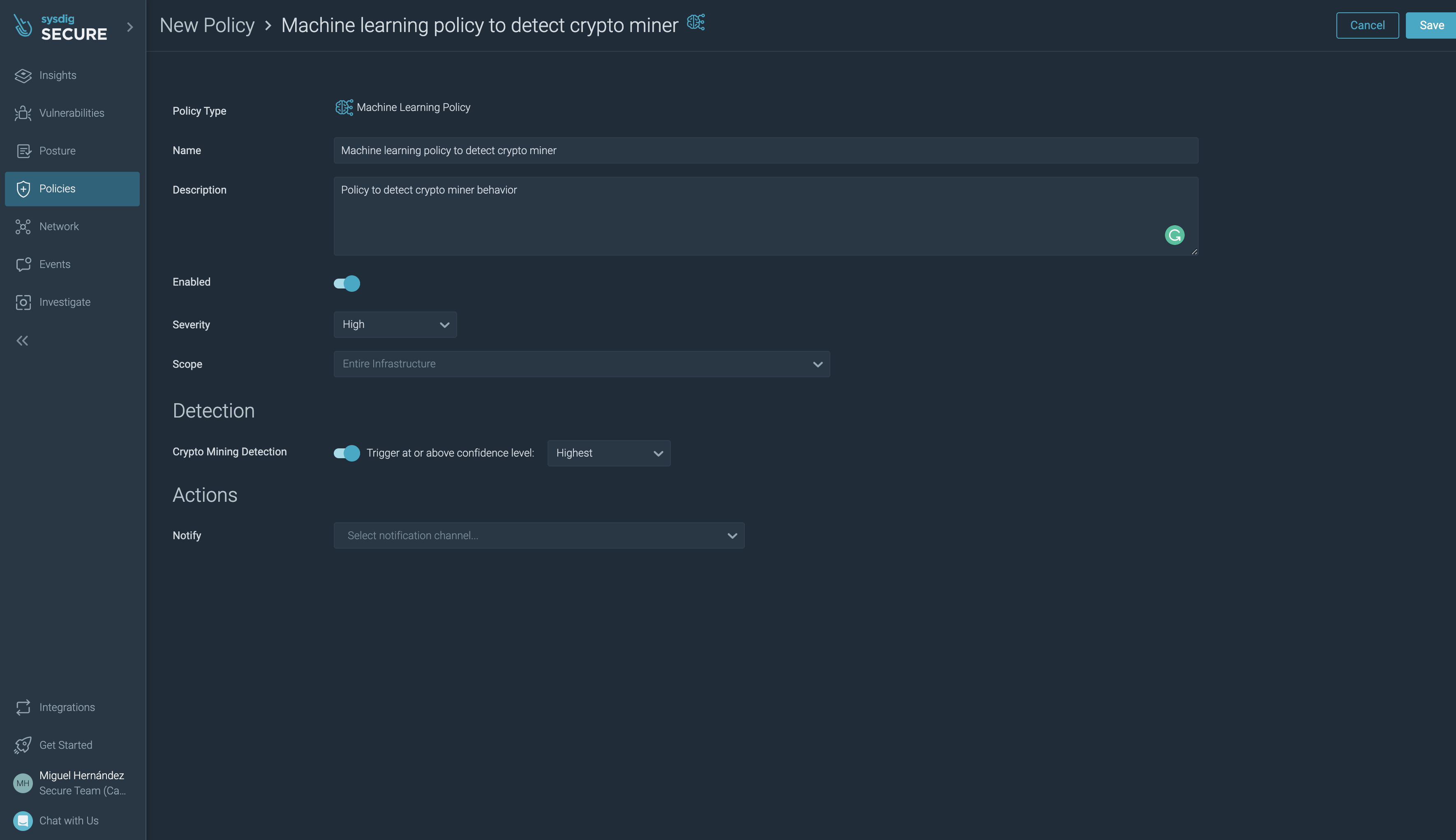 Create policy Sysdig Secure malware detection machine learning