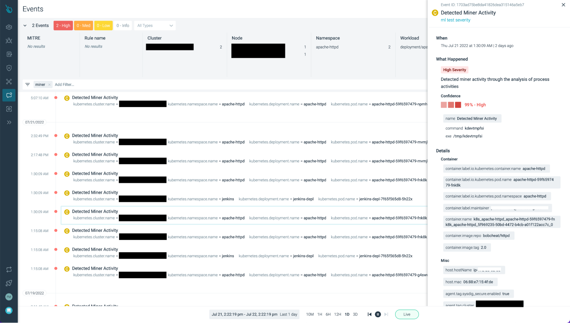 Sysdig Machine Learning feature detect malware