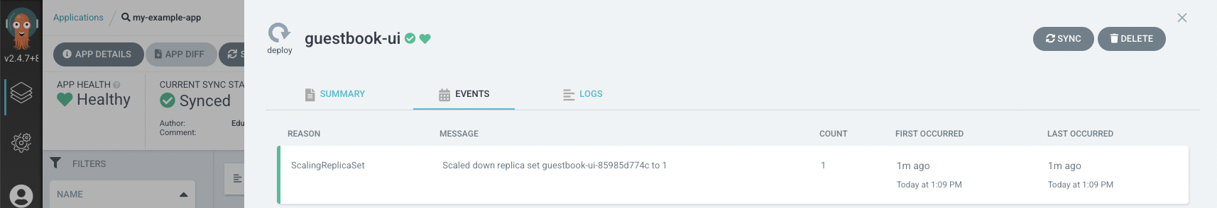 GitOps UI showing the remediation performed because of the differences