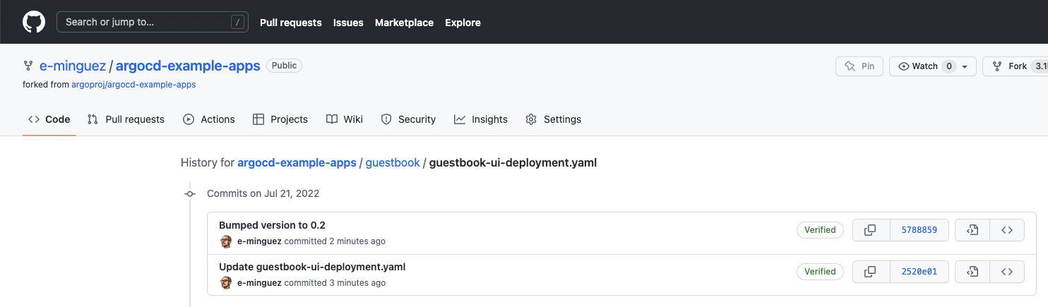 GitHub UI showing a log of the committed changes