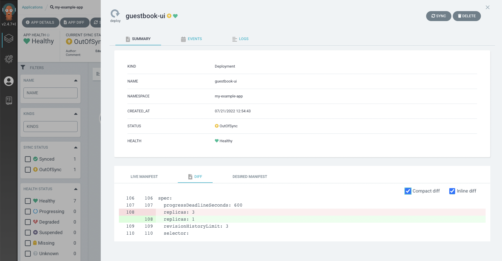 GitOps UI showing the differences between the object running on the cluster and the definition stored in the Git repository