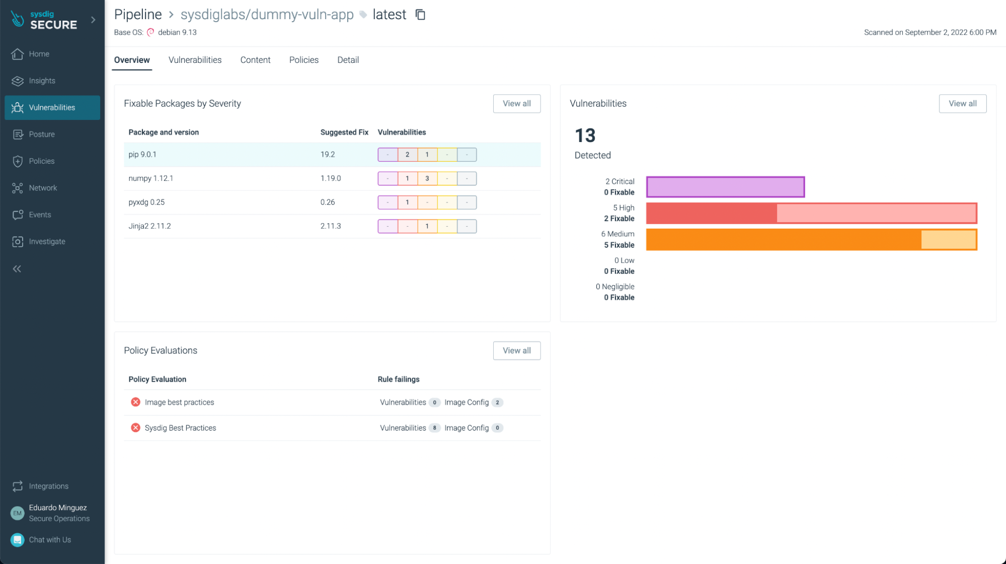 Sysdig vulnerability scan with some issues found screenshot
