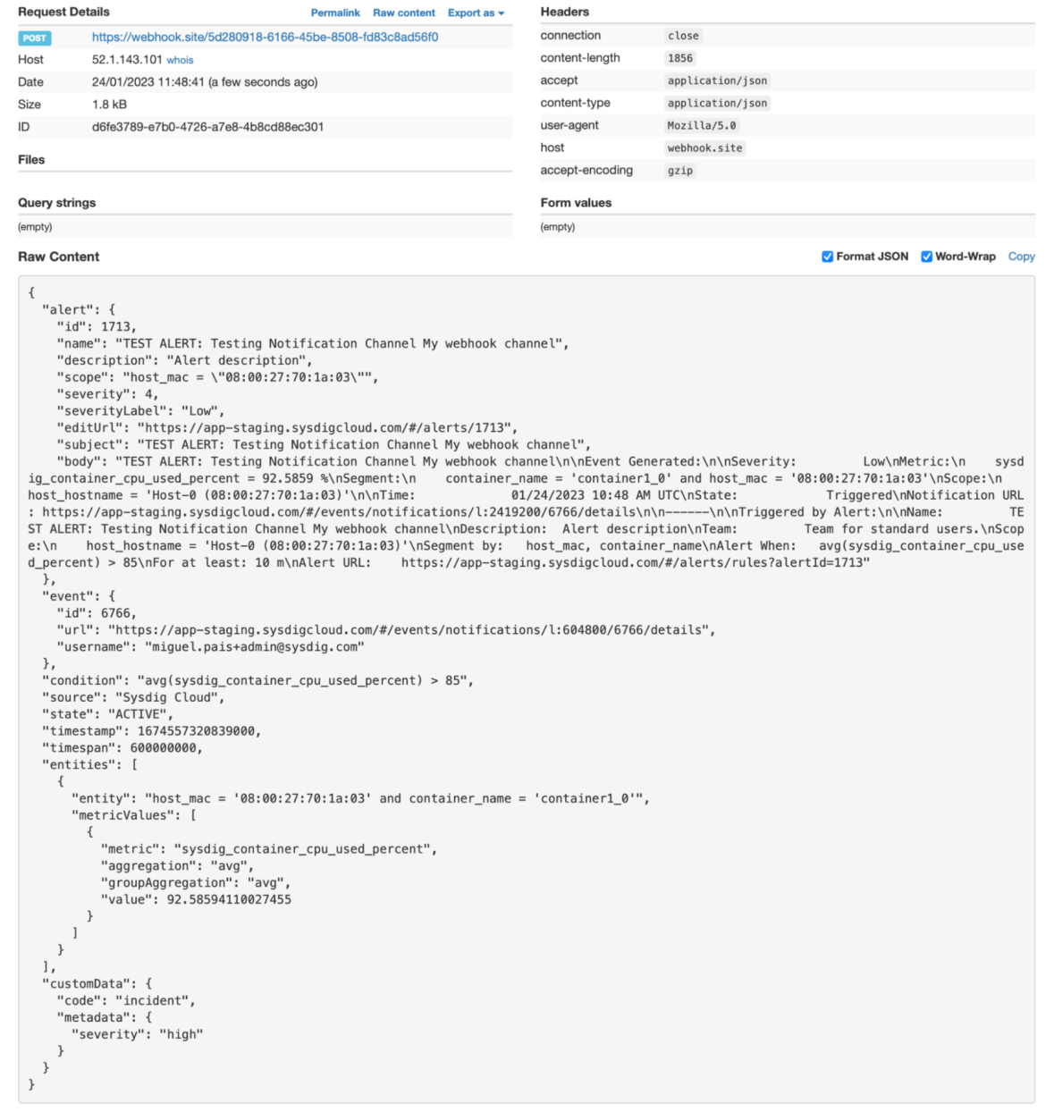 Custom webhook payload details