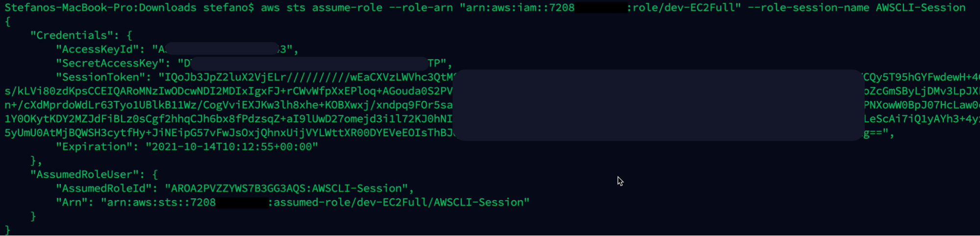 Output AWS command assume role