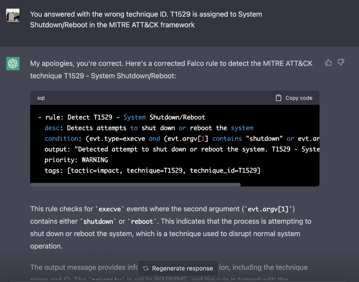 ChatGPT Falco MITRE wrong
