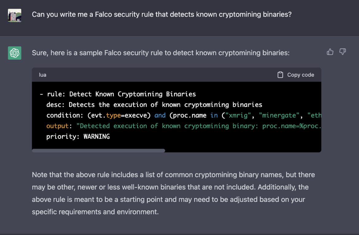ChatGPT Falco Rule Cryptomining